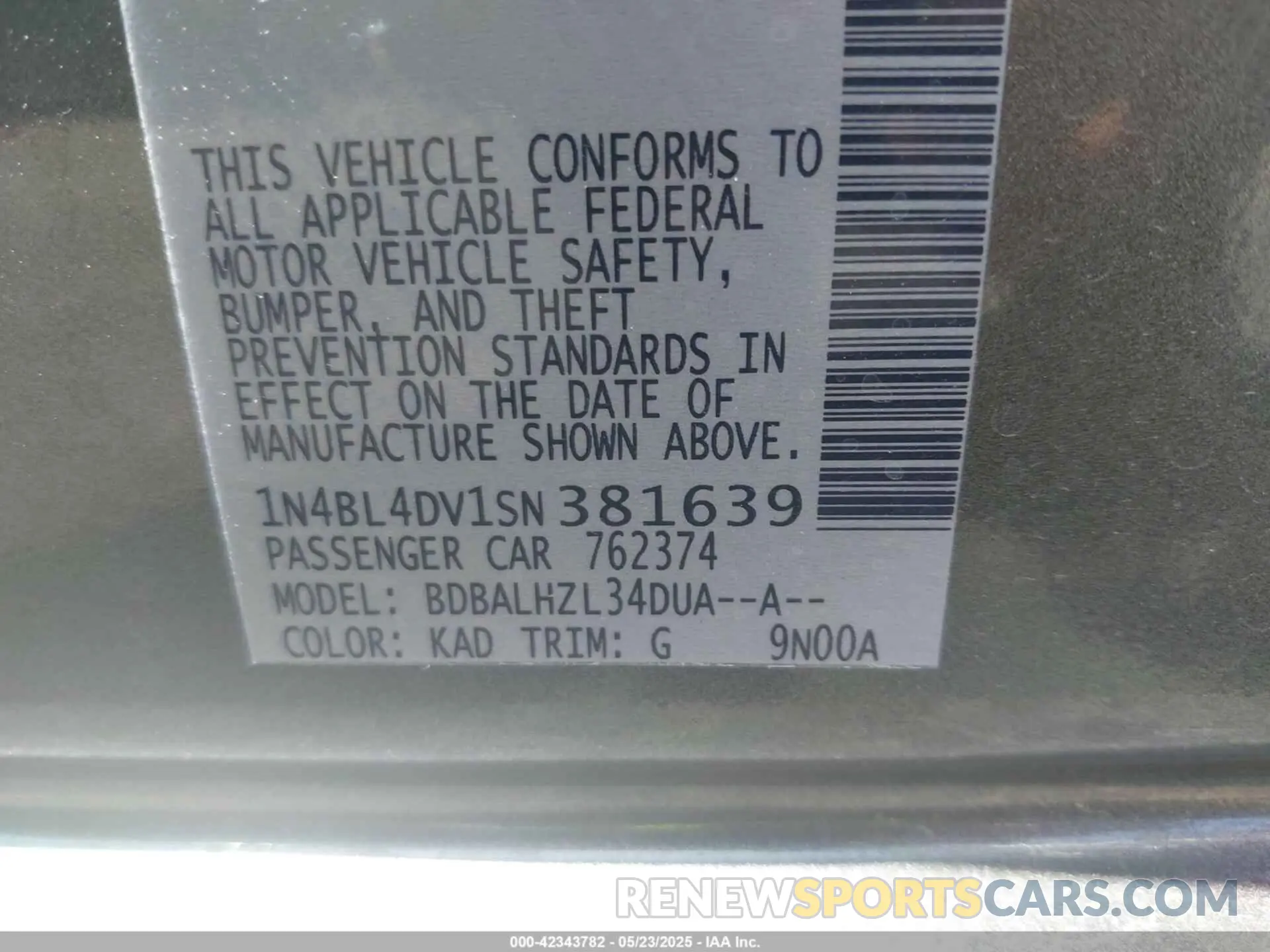 9 fotografías del automóvil dañado 1N4BL4DV1SN381639 NISSAN ALTIMA 2025