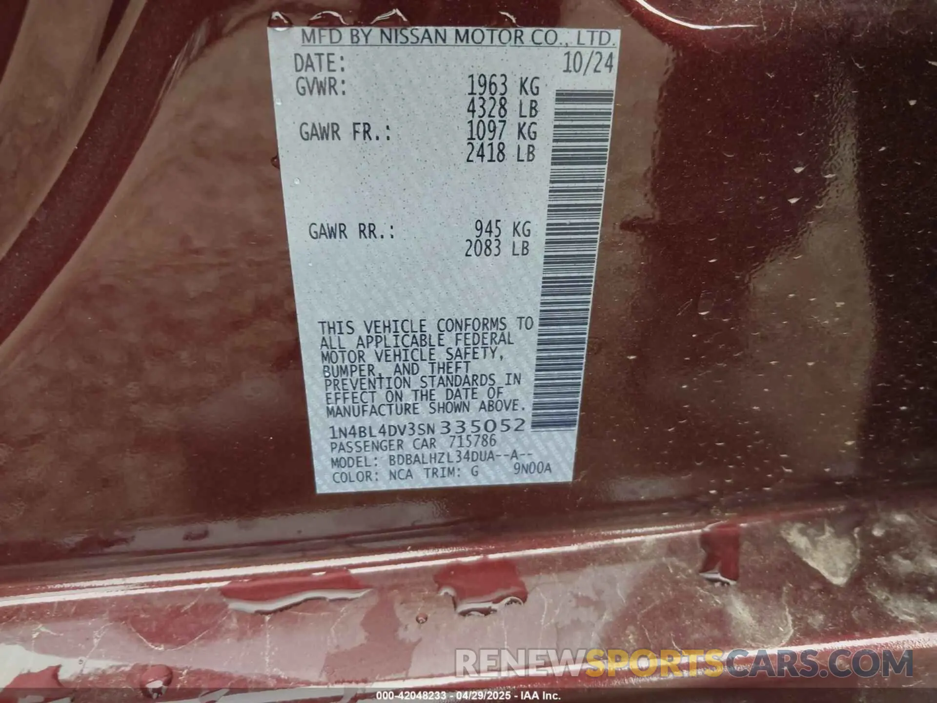 9 fotografías del automóvil dañado 1N4BL4DV3SN335052 NISSAN ALTIMA 2025