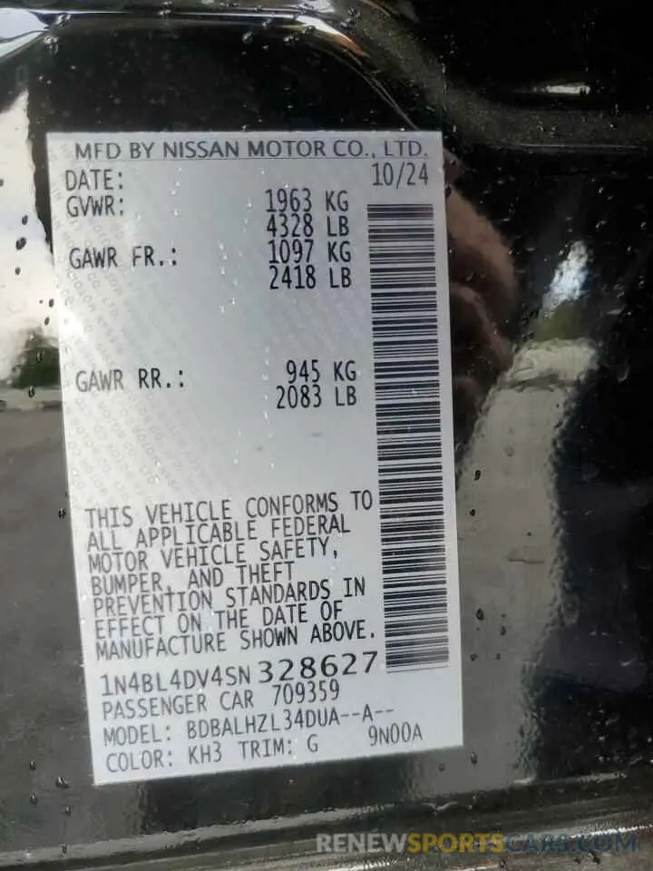 12 fotografías del automóvil dañado 1N4BL4DV4SN328627 NISSAN ALTIMA 2025