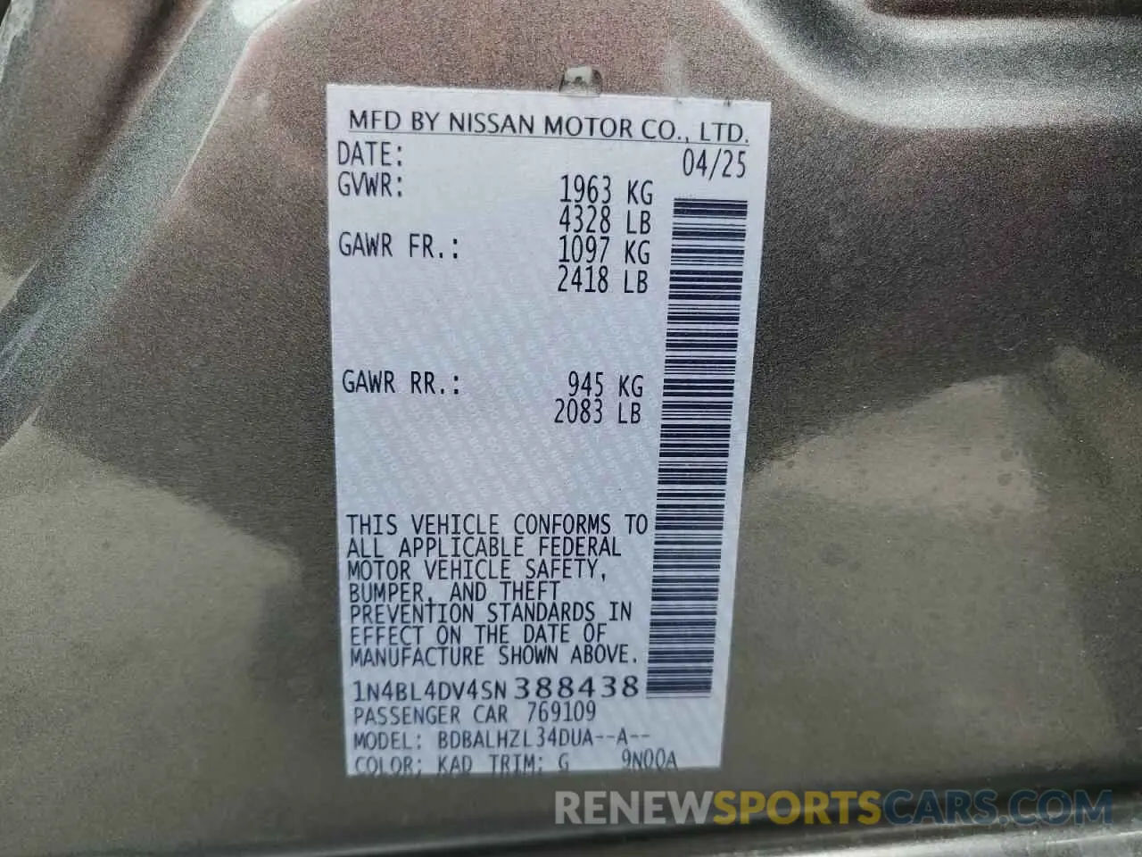 13 fotografías del automóvil dañado 1N4BL4DV4SN388438 NISSAN ALTIMA 2025
