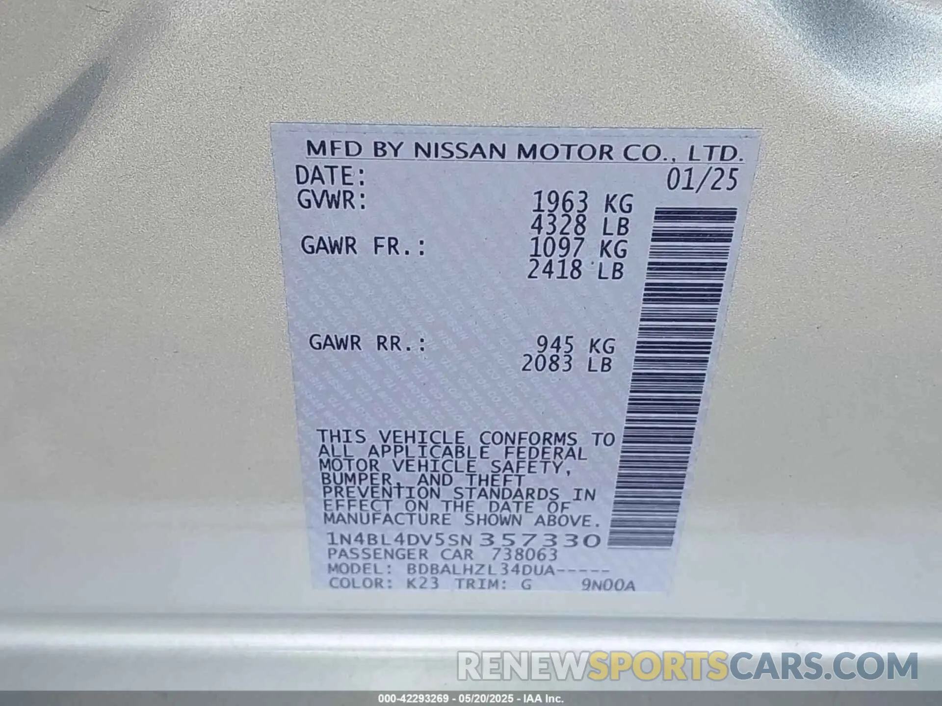 9 fotografías del automóvil dañado 1N4BL4DV5SN357330 NISSAN ALTIMA 2025