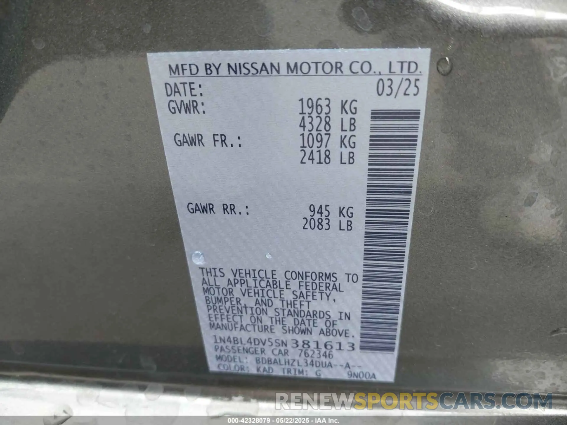 9 fotografías del automóvil dañado 1N4BL4DV5SN381613 NISSAN ALTIMA 2025