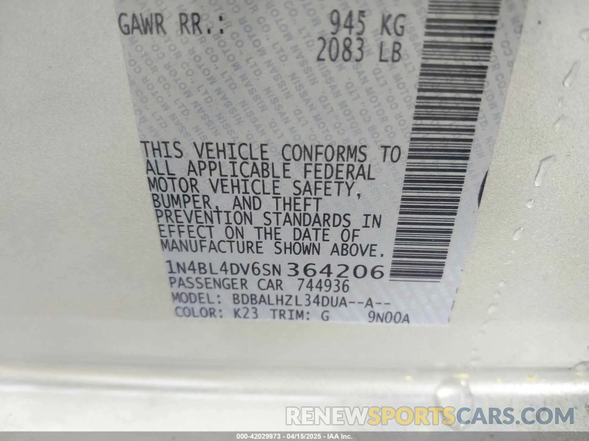 9 fotografías del automóvil dañado 1N4BL4DV6SN364206 NISSAN ALTIMA 2025