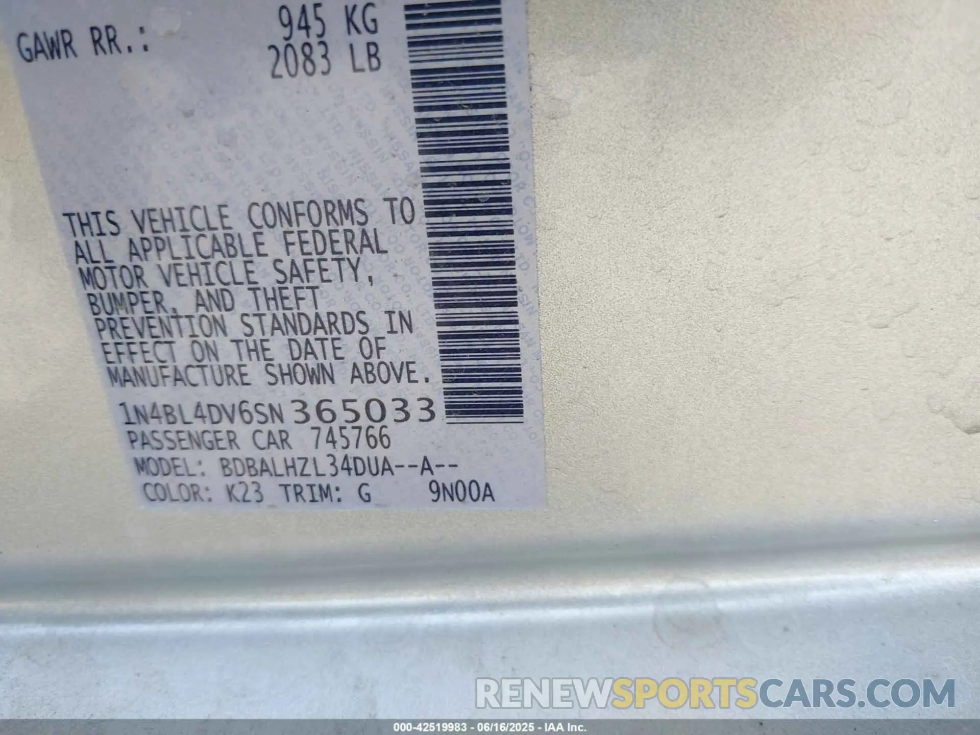 9 fotografías del automóvil dañado 1N4BL4DV6SN365033 NISSAN ALTIMA 2025