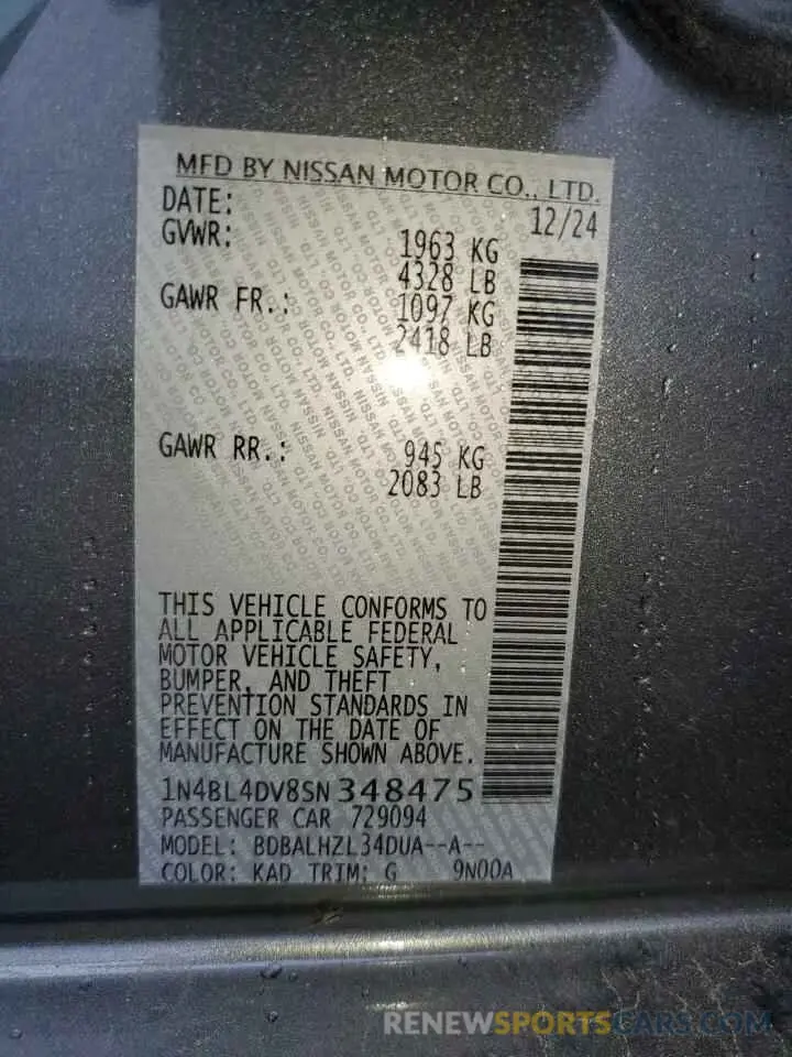 12 fotografías del automóvil dañado 1N4BL4DV8SN348475 NISSAN ALTIMA 2025