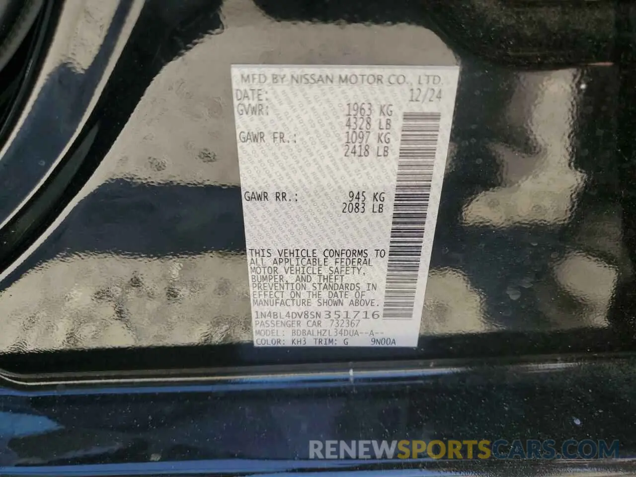 12 fotografías del automóvil dañado 1N4BL4DV8SN351716 NISSAN ALTIMA 2025
