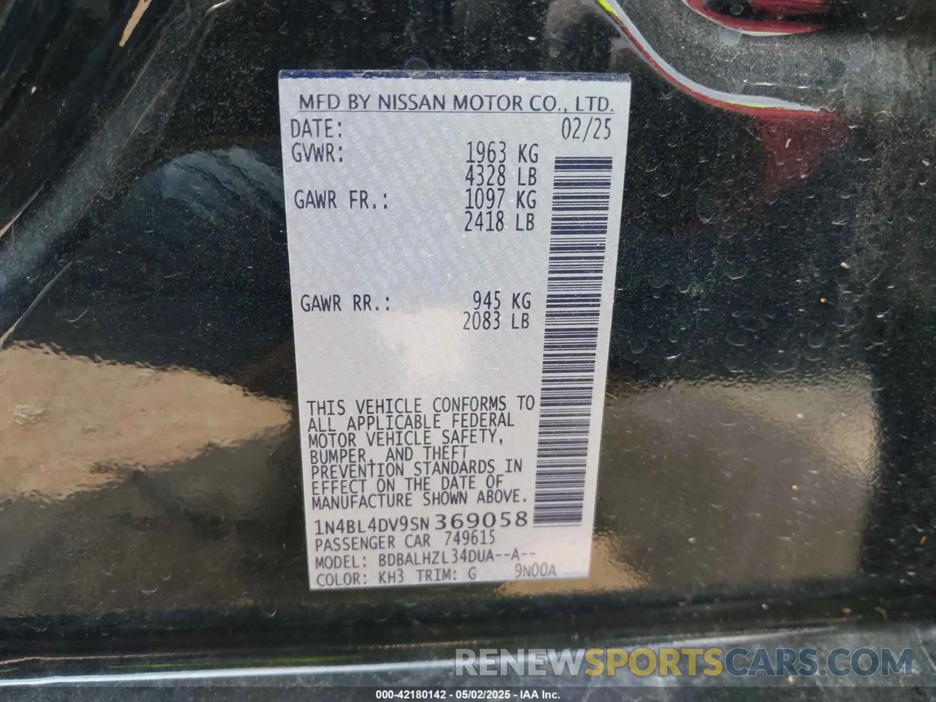 9 fotografías del automóvil dañado 1N4BL4DV9SN369058 NISSAN ALTIMA 2025