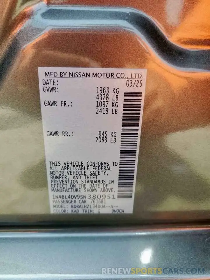 13 fotografías del automóvil dañado 1N4BL4DV9SN380951 NISSAN ALTIMA 2025