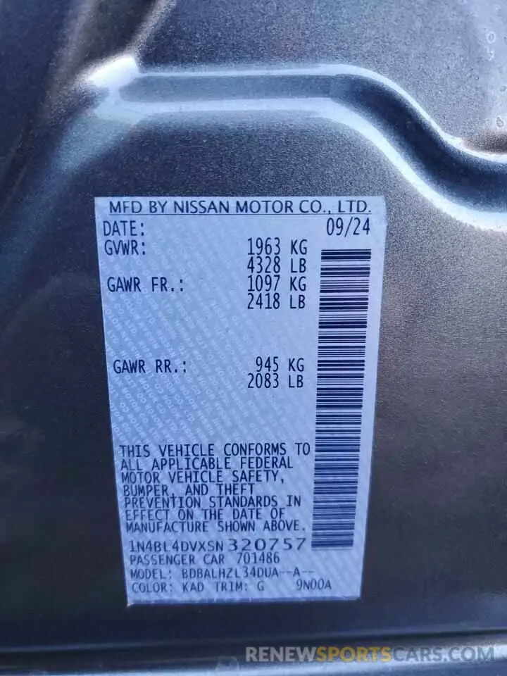 13 fotografías del automóvil dañado 1N4BL4DVXSN320757 NISSAN ALTIMA 2025