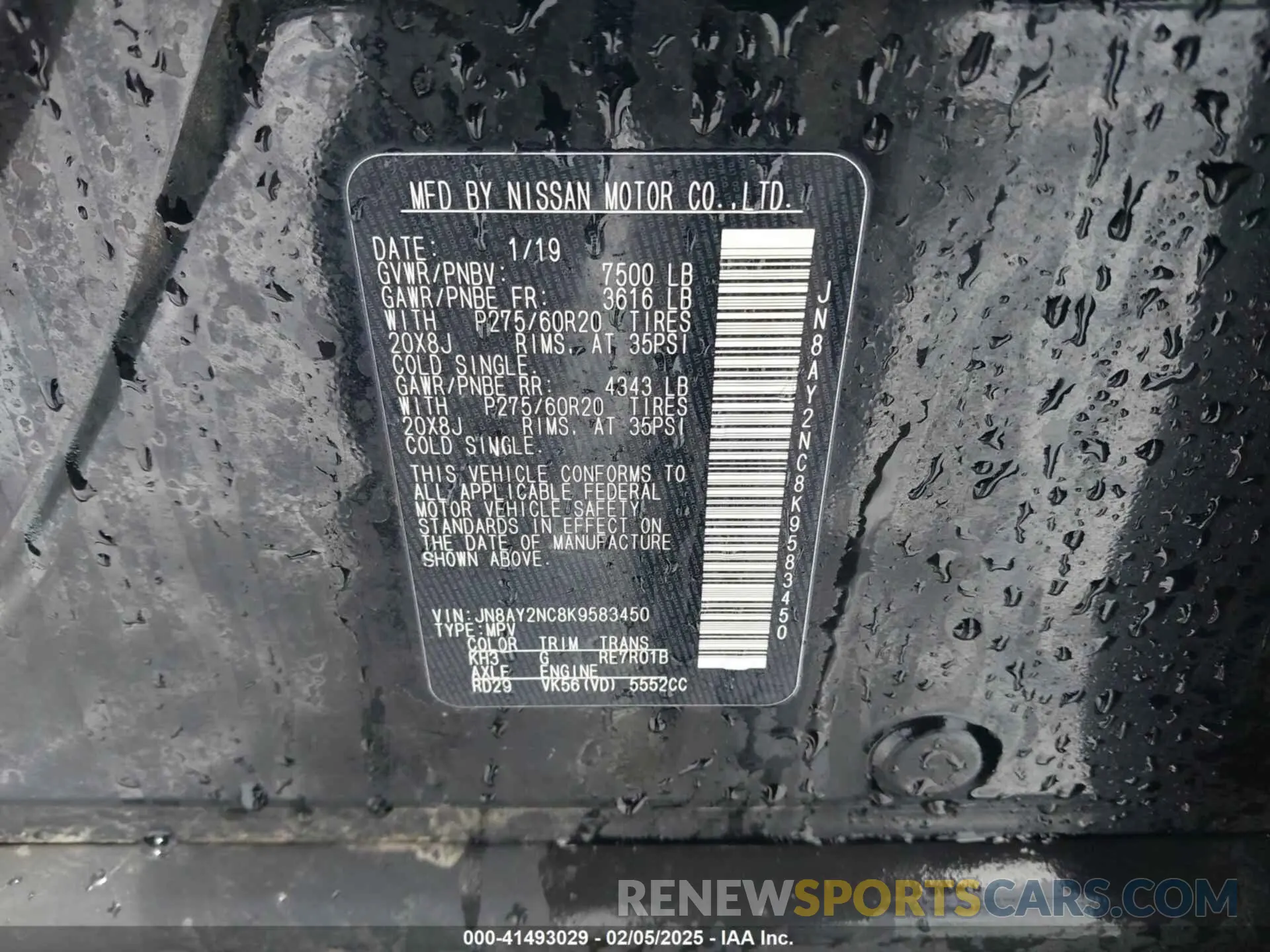 9 fotografías del automóvil dañado JN8AY2NC8K9583450 NISSAN ARMADA 2019
