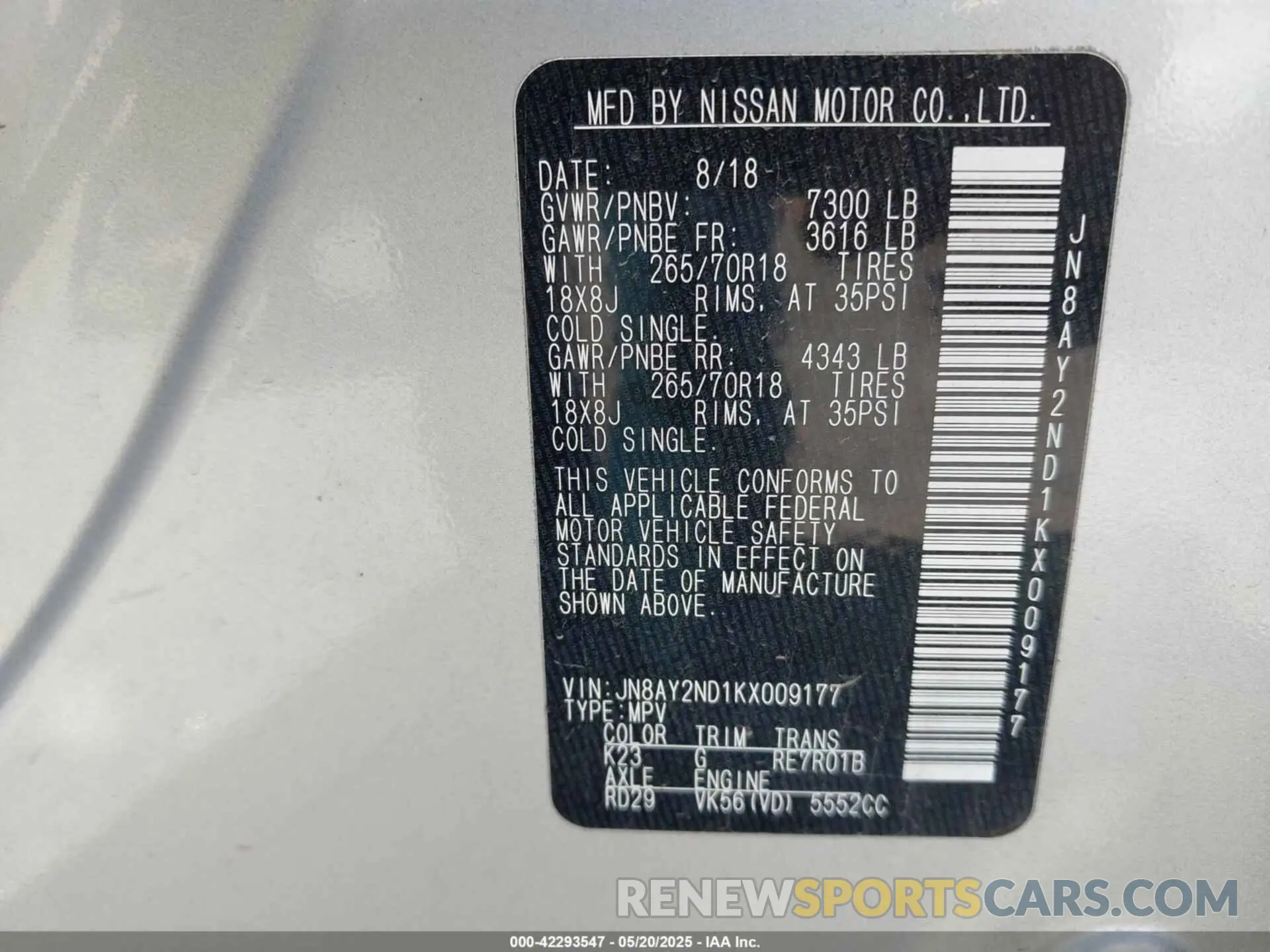 9 fotografías del automóvil dañado JN8AY2ND1KX009177 NISSAN ARMADA 2019