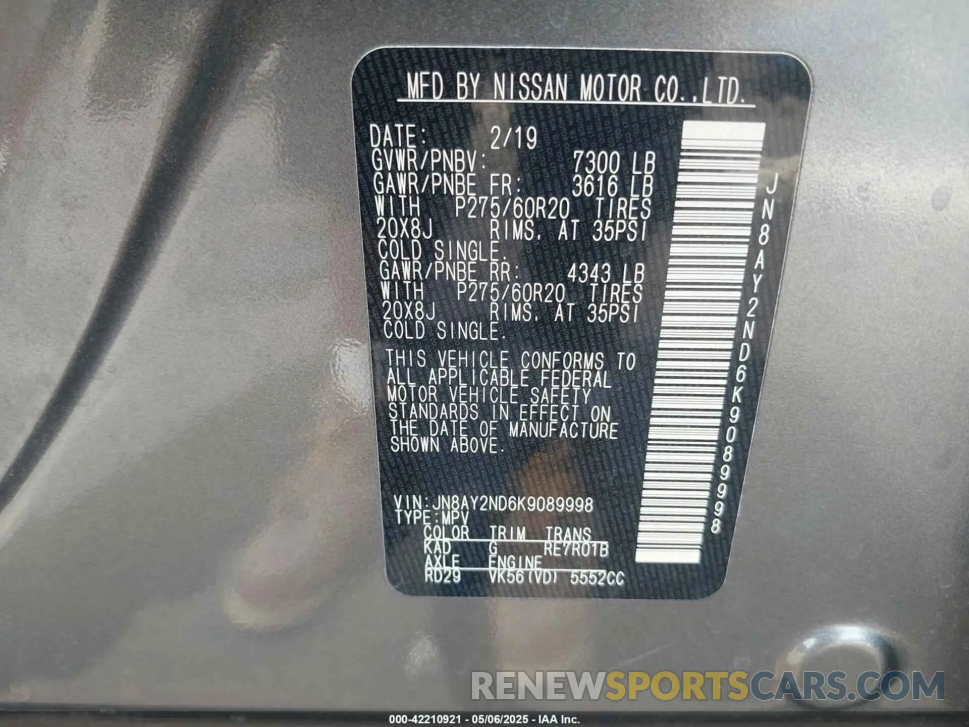 9 fotografías del automóvil dañado JN8AY2ND6K9089998 NISSAN ARMADA 2019