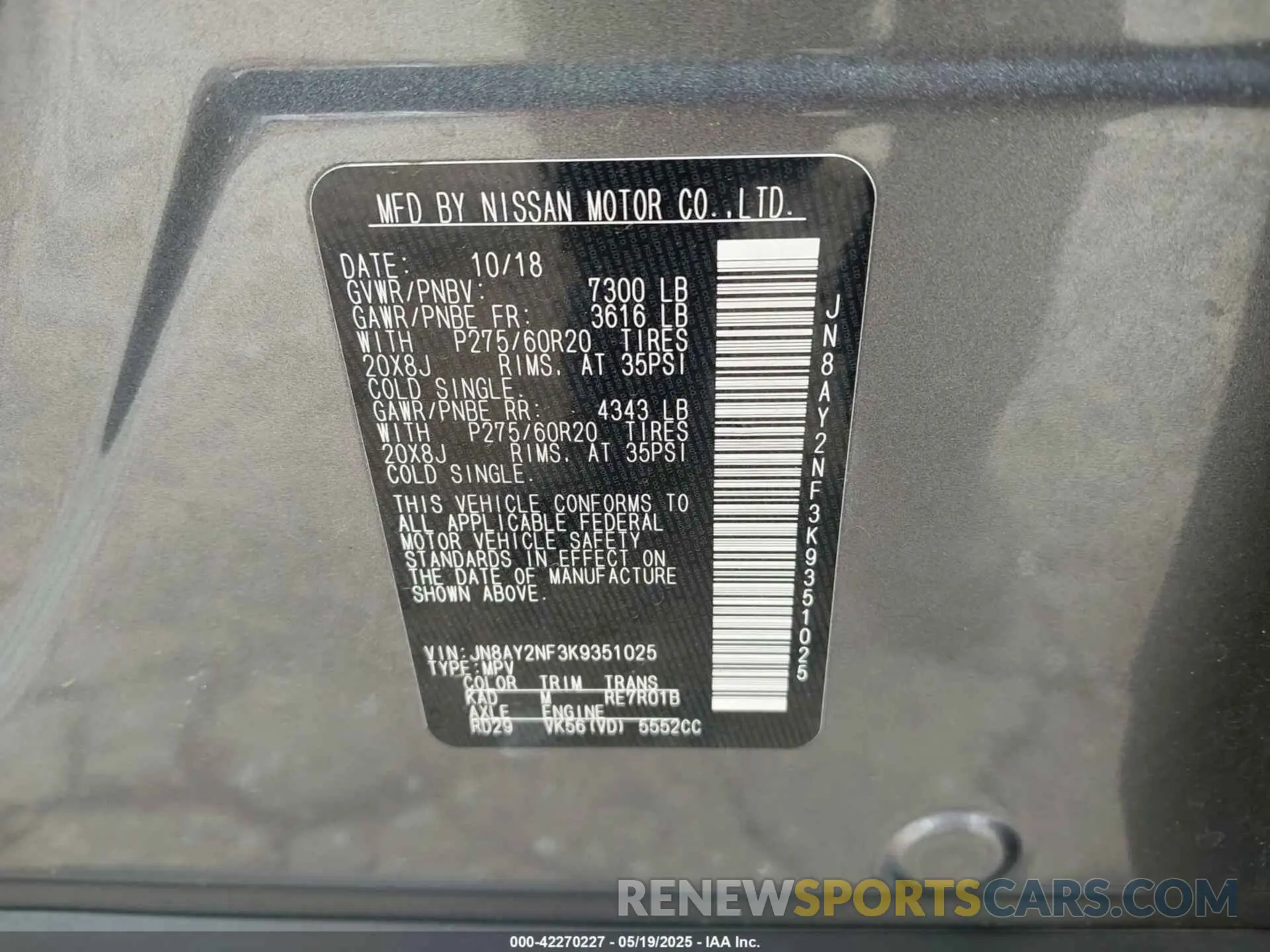 9 fotografías del automóvil dañado JN8AY2NF3K9351025 NISSAN ARMADA 2019