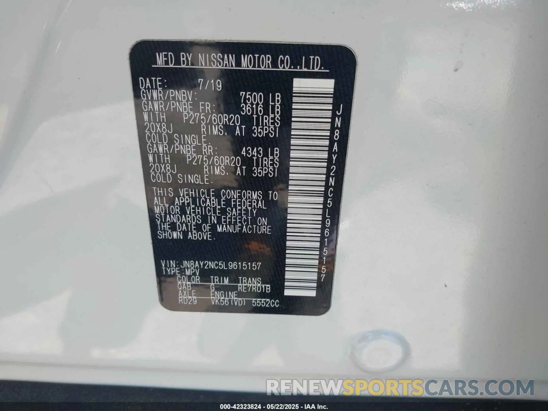 9 fotografías del automóvil dañado JN8AY2NC5L9615157 NISSAN ARMADA 2020