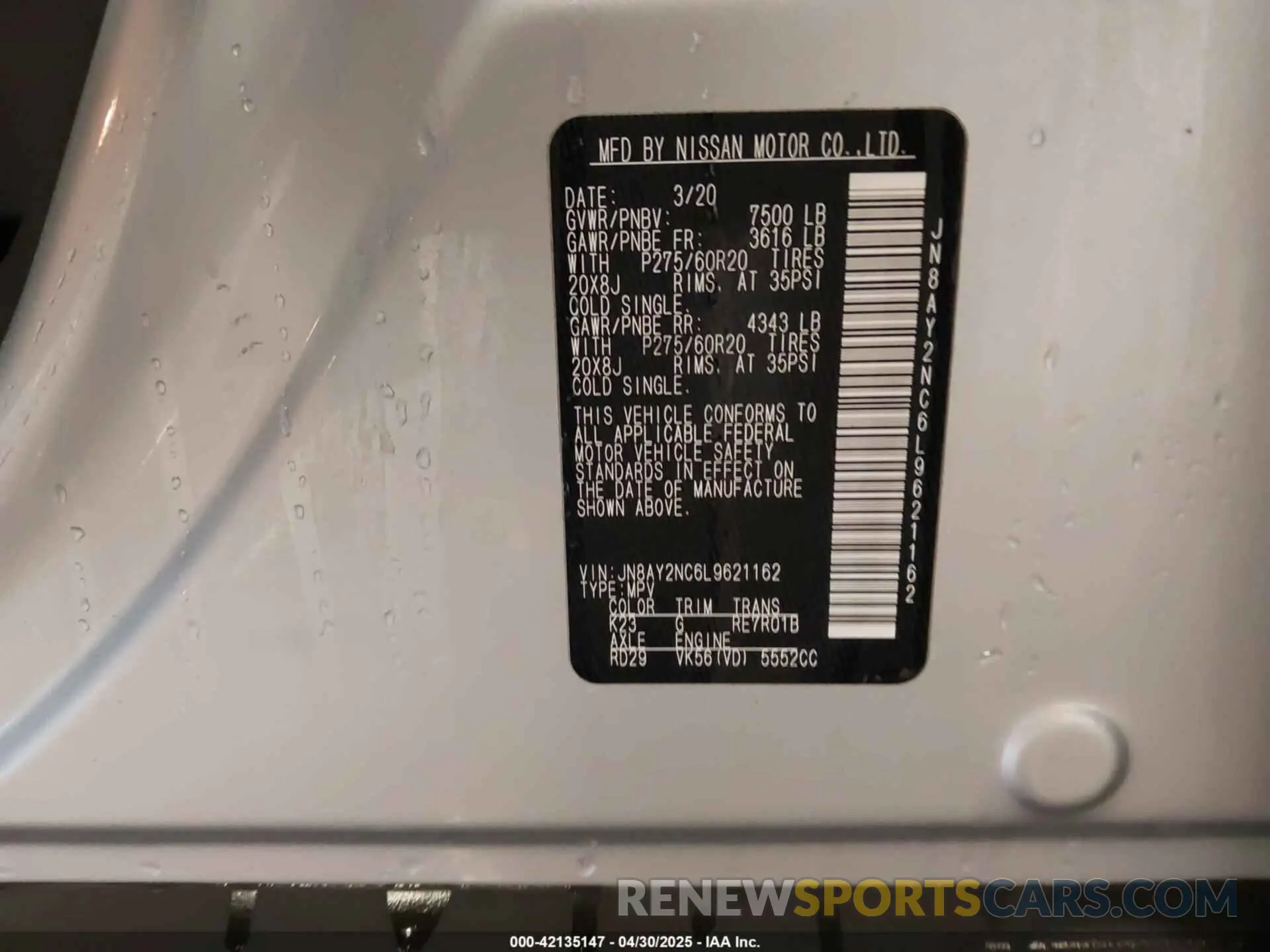9 fotografías del automóvil dañado JN8AY2NC6L9621162 NISSAN ARMADA 2020