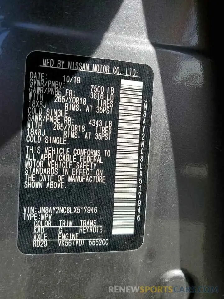 13 fotografías del automóvil dañado JN8AY2NC8LX517946 NISSAN ARMADA 2020