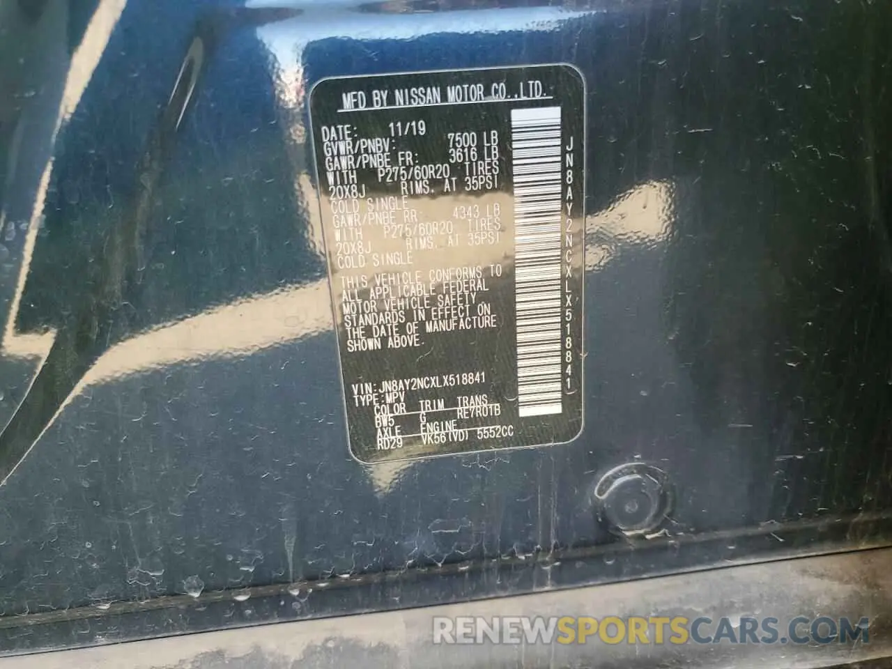 12 fotografías del automóvil dañado JN8AY2NCXLX518841 NISSAN ARMADA 2020