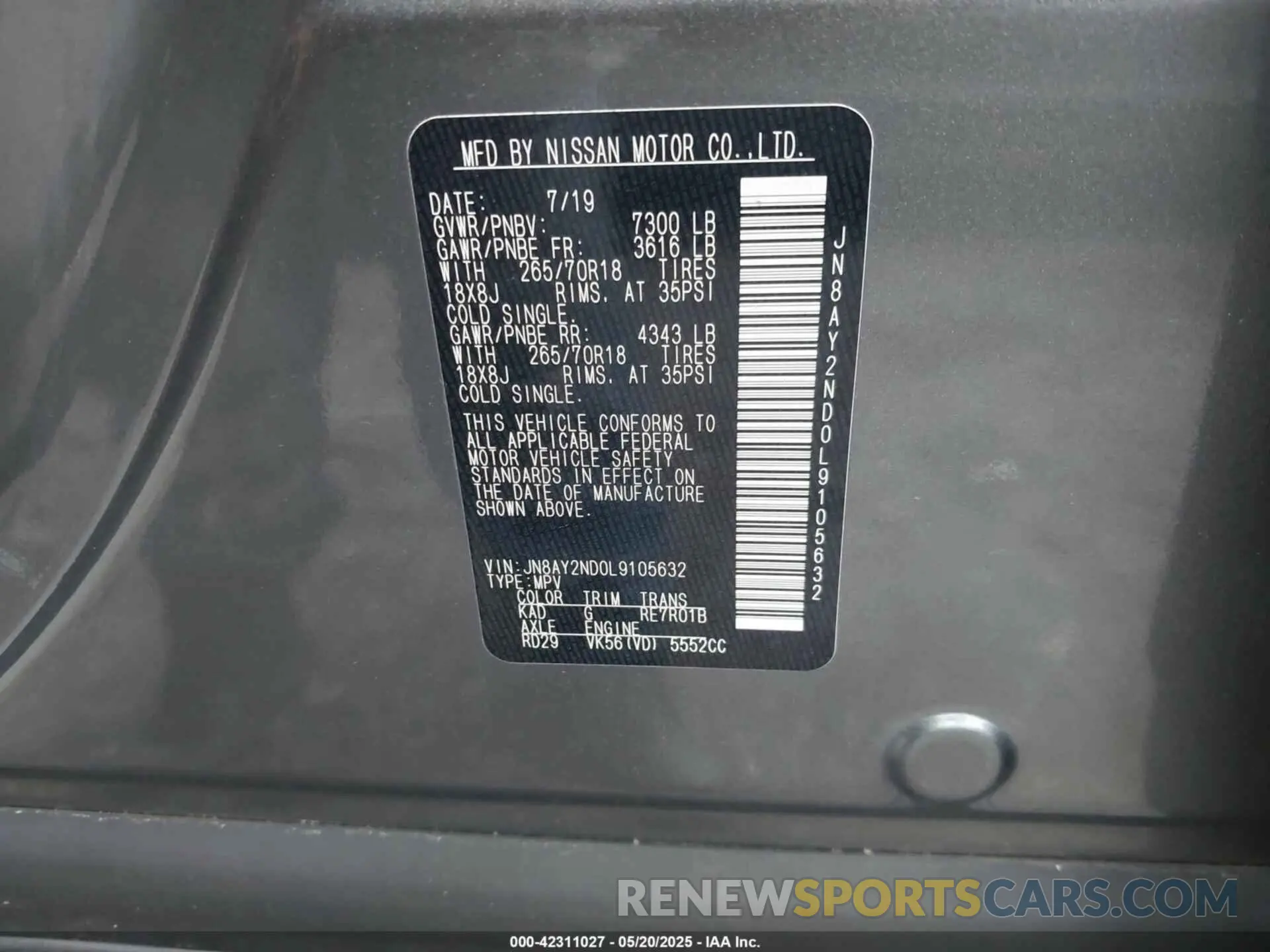 9 fotografías del automóvil dañado JN8AY2ND0L9105632 NISSAN ARMADA 2020