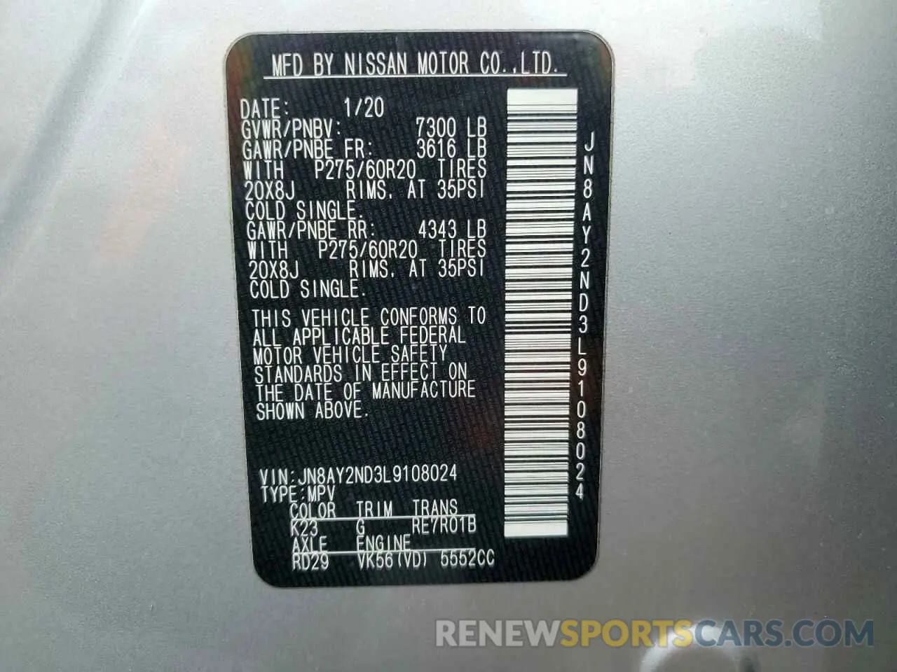 13 fotografías del automóvil dañado JN8AY2ND3L9108024 NISSAN ARMADA 2020