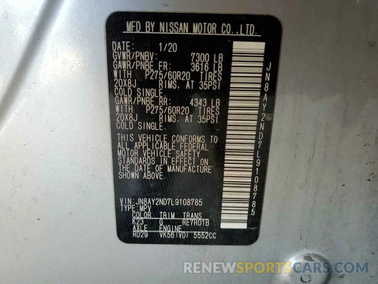 13 fotografías del automóvil dañado JN8AY2ND7L9108785 NISSAN ARMADA 2020