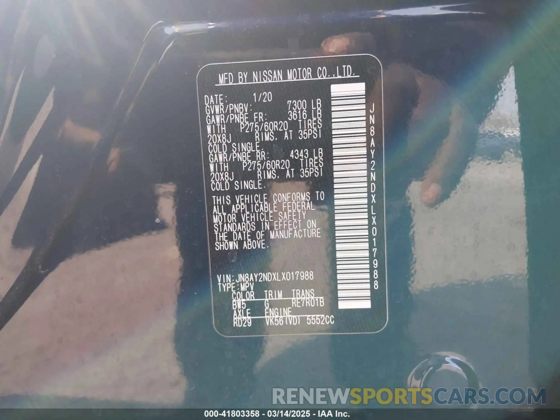 9 fotografías del automóvil dañado JN8AY2NDXLX017988 NISSAN ARMADA 2020