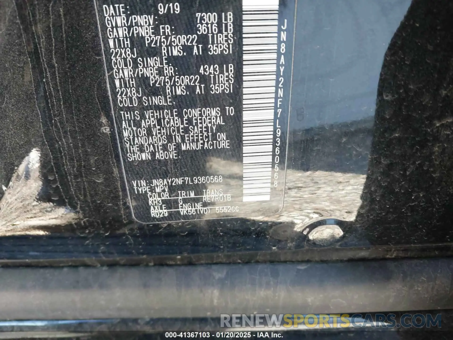 9 fotografías del automóvil dañado JN8AY2NF7L9360568 NISSAN ARMADA 2020