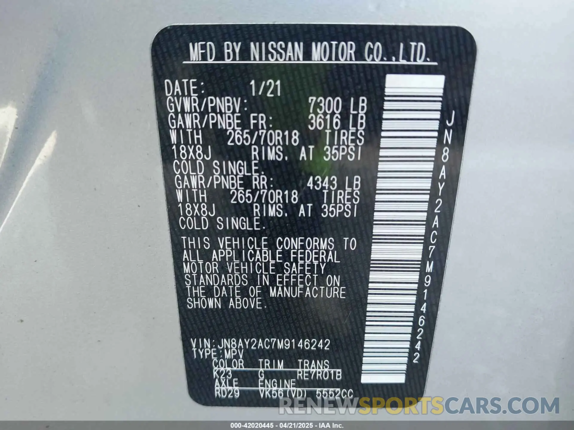 9 fotografías del automóvil dañado JN8AY2AC7M9146242 NISSAN ARMADA 2021