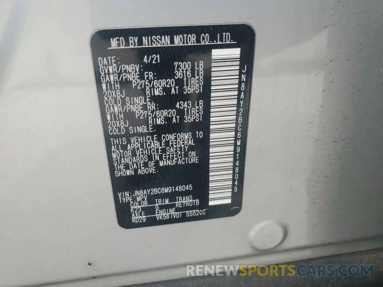 14 fotografías del automóvil dañado JN8AY2BC6M9148045 NISSAN ARMADA 2021