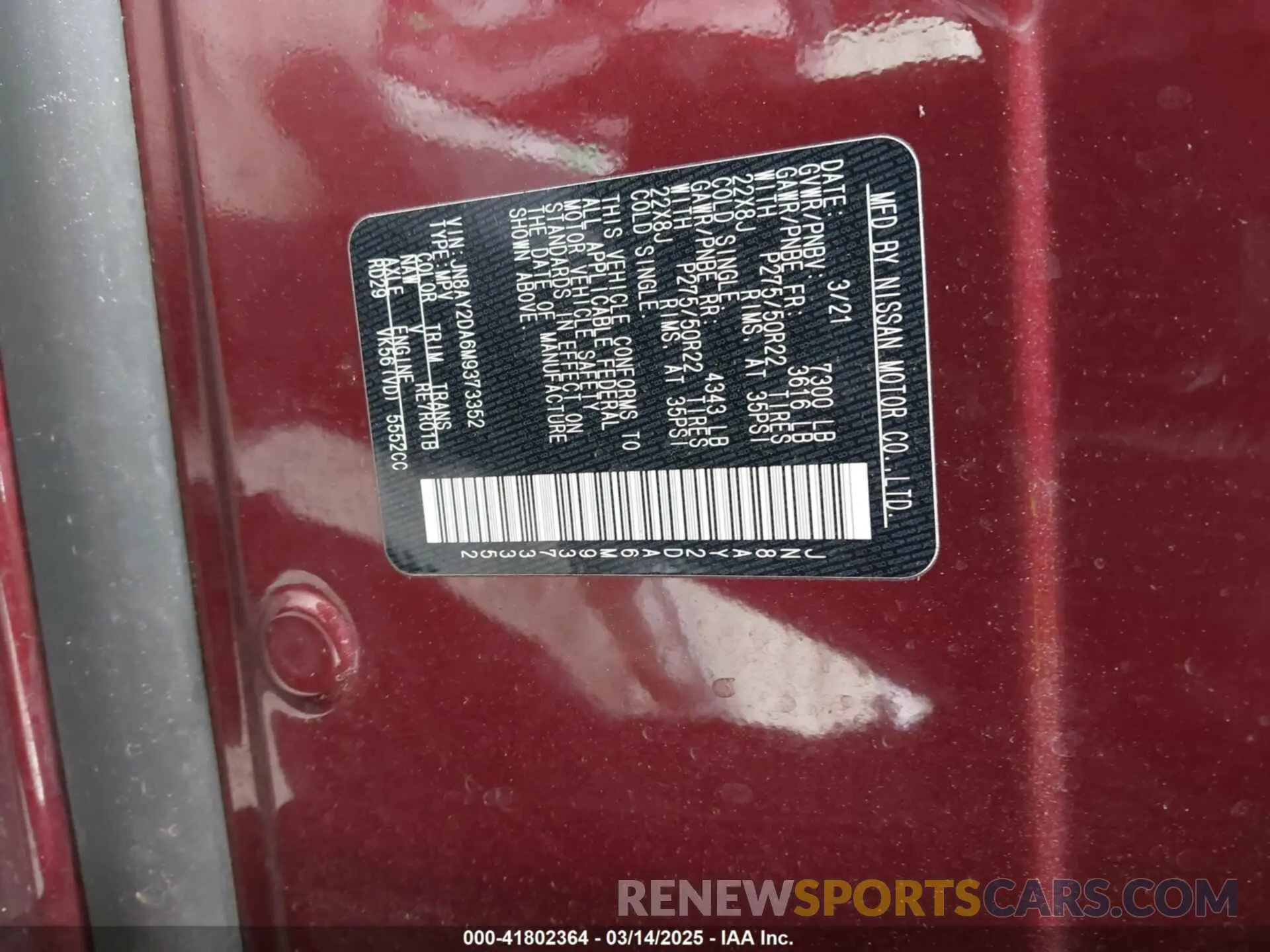 9 fotografías del automóvil dañado JN8AY2DA6M9373352 NISSAN ARMADA 2021