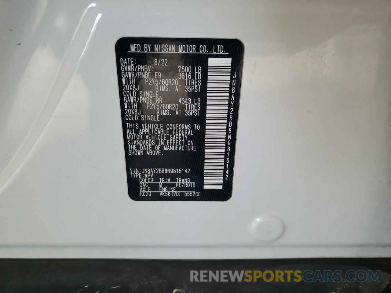 15 fotografías del automóvil dañado JN8AY2BB8N9815142 NISSAN ARMADA 2022