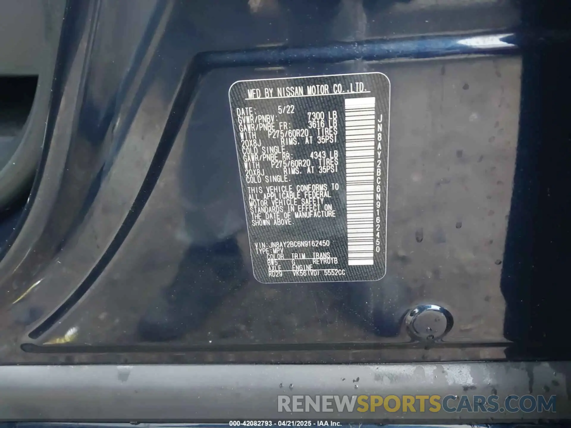9 fotografías del automóvil dañado JN8AY2BC6N9162450 NISSAN ARMADA 2022