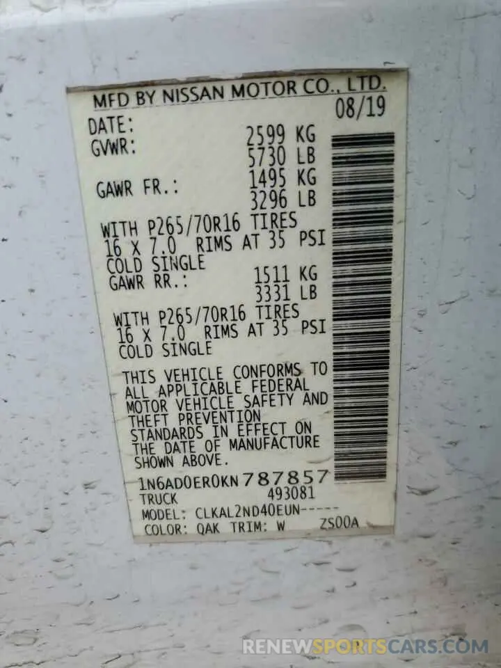 12 fotografías del automóvil dañado 1N6AD0ER0KN787857 NISSAN FRONTIER 2019