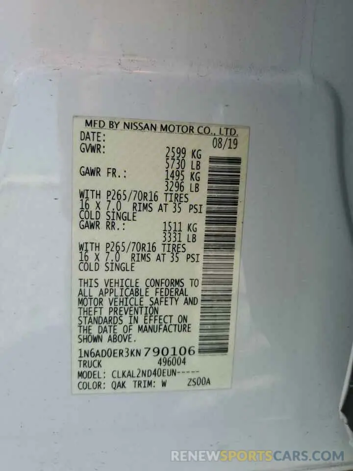 14 fotografías del automóvil dañado 1N6AD0ER3KN790106 NISSAN FRONTIER 2019