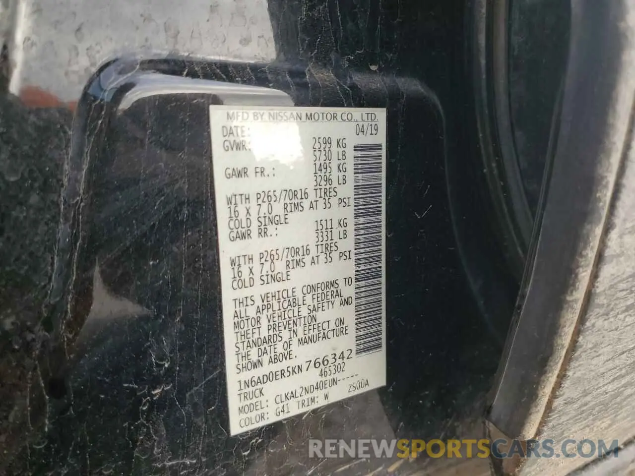 12 fotografías del automóvil dañado 1N6AD0ER5KN766342 NISSAN FRONTIER 2019