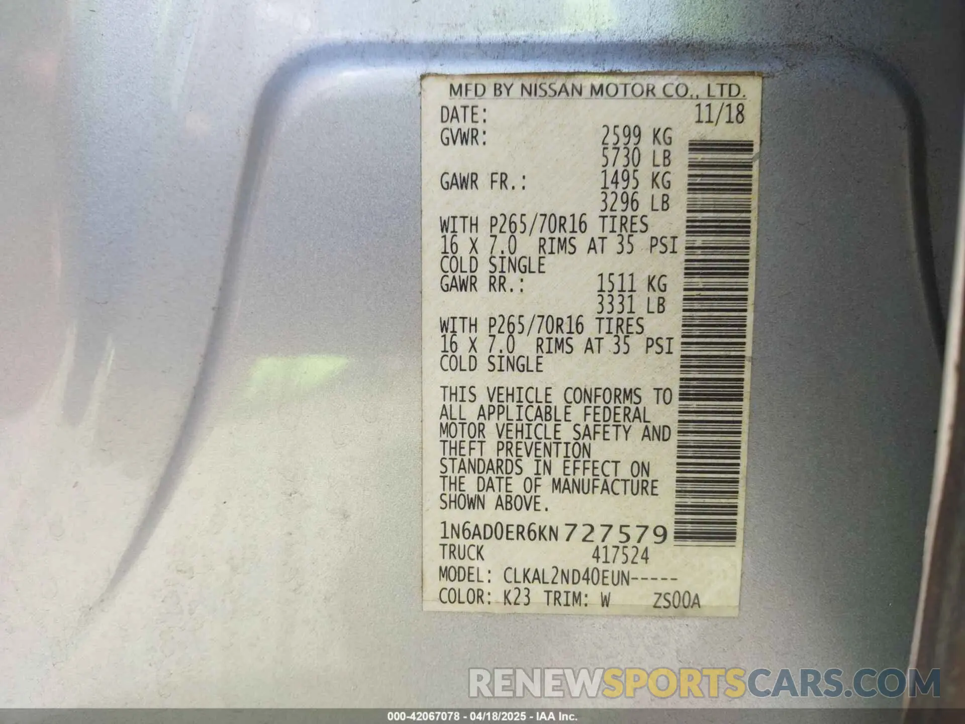 9 fotografías del automóvil dañado 1N6AD0ER6KN727579 NISSAN FRONTIER 2019