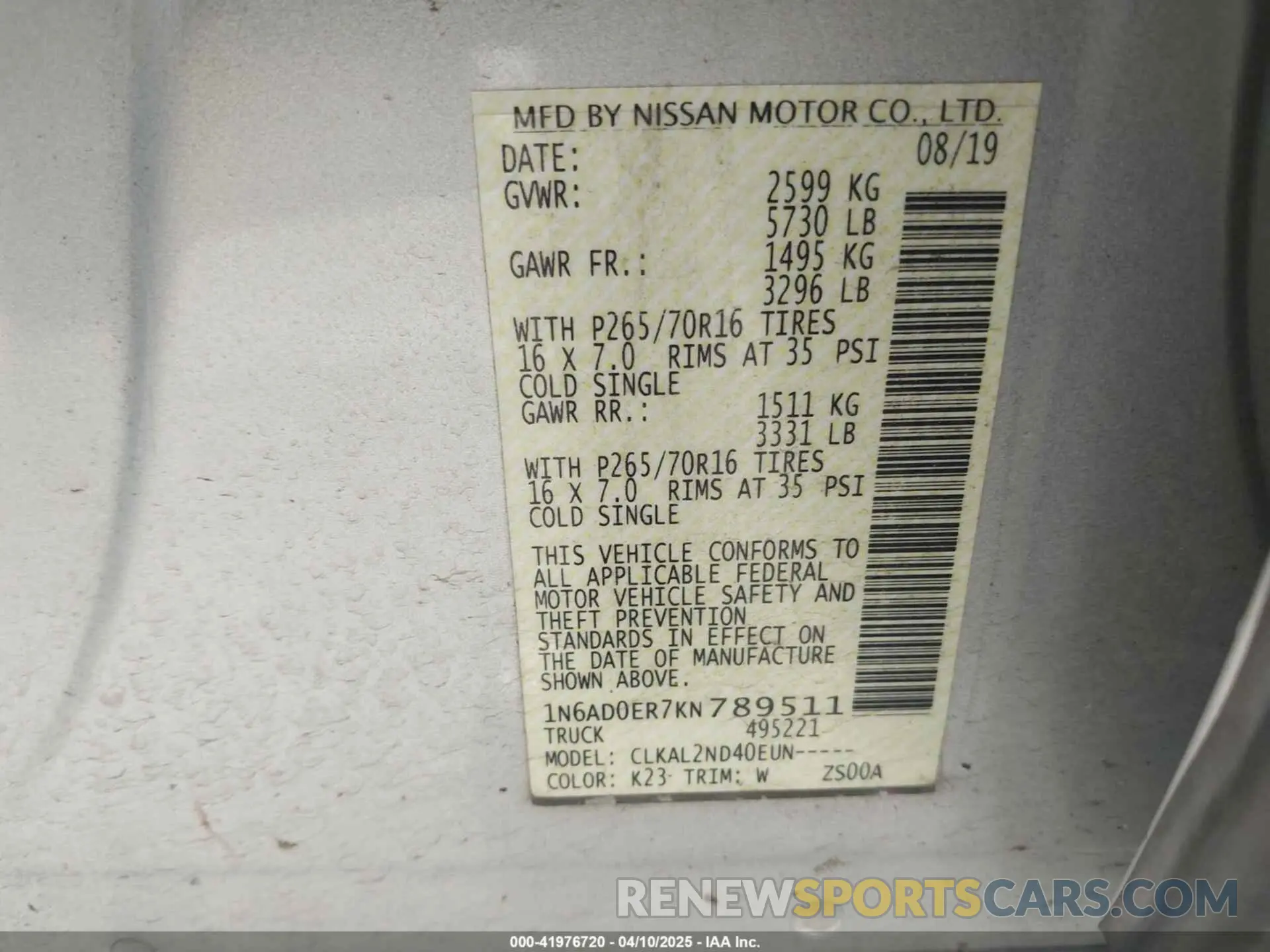 9 fotografías del automóvil dañado 1N6AD0ER7KN789511 NISSAN FRONTIER 2019