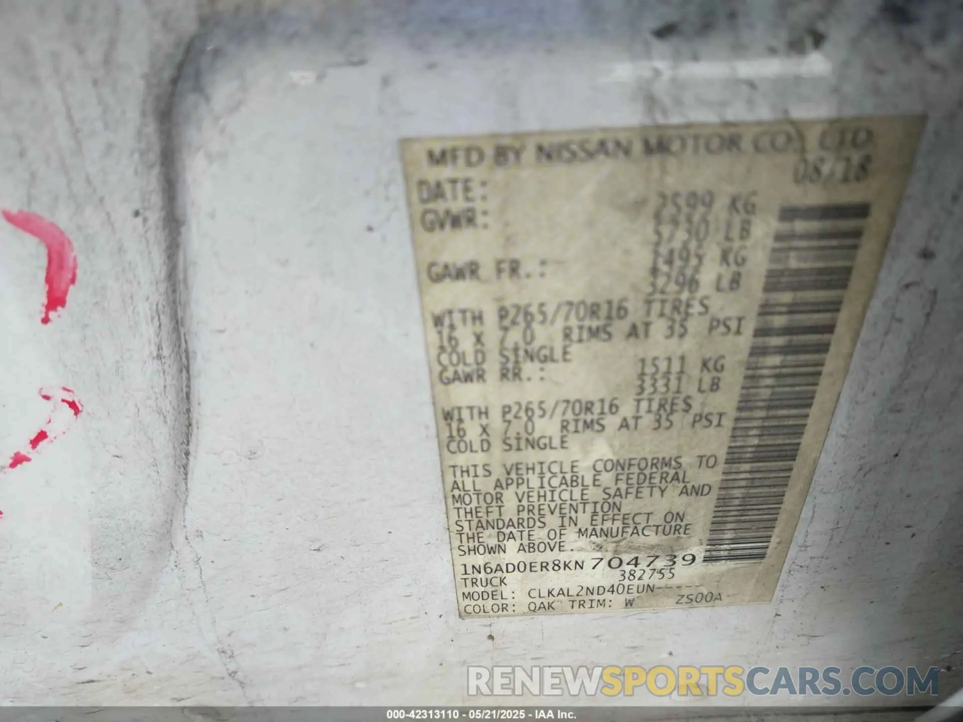 9 fotografías del automóvil dañado 1N6AD0ER8KN704739 NISSAN FRONTIER 2019