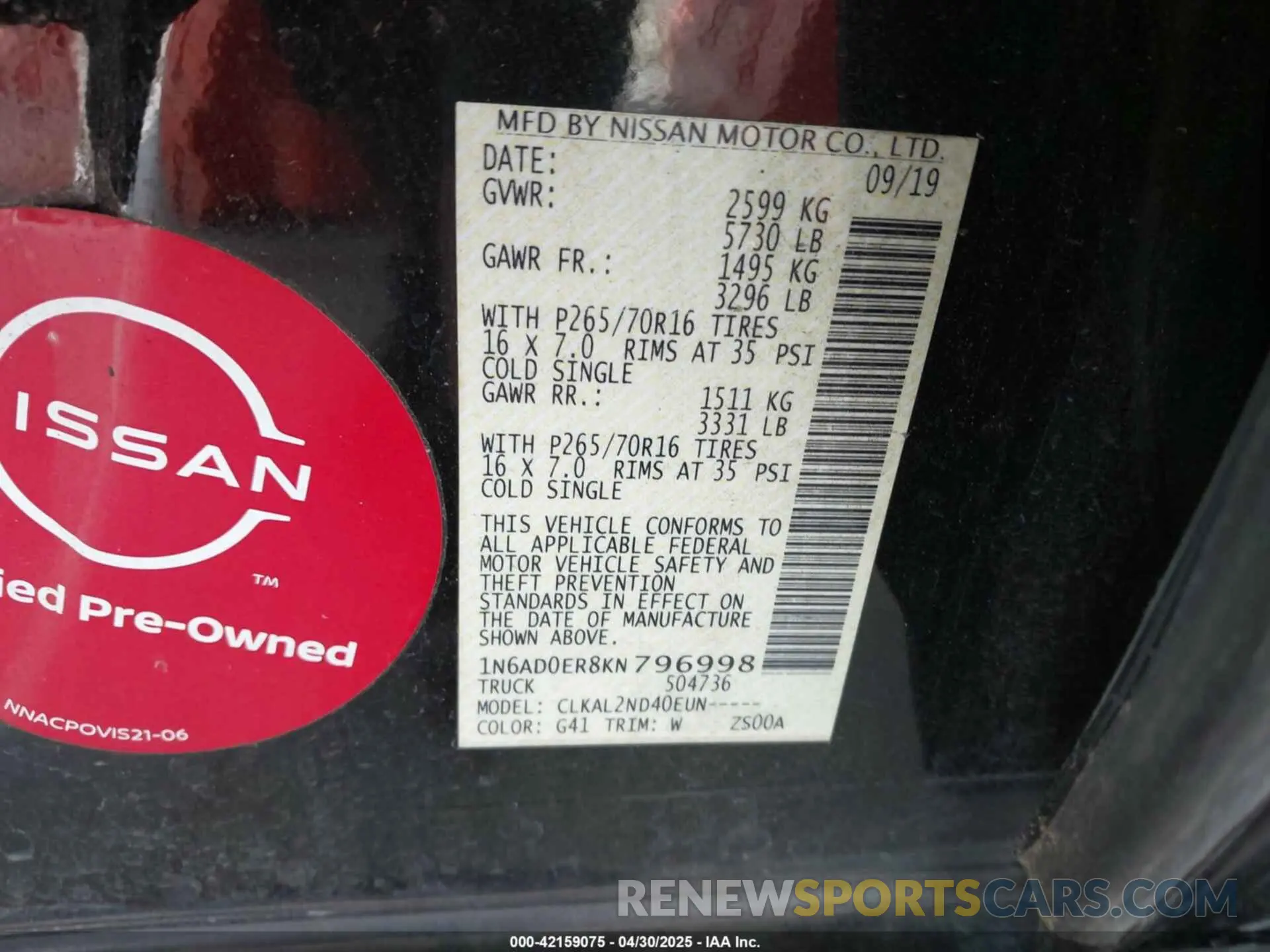 9 fotografías del automóvil dañado 1N6AD0ER8KN796998 NISSAN FRONTIER 2019