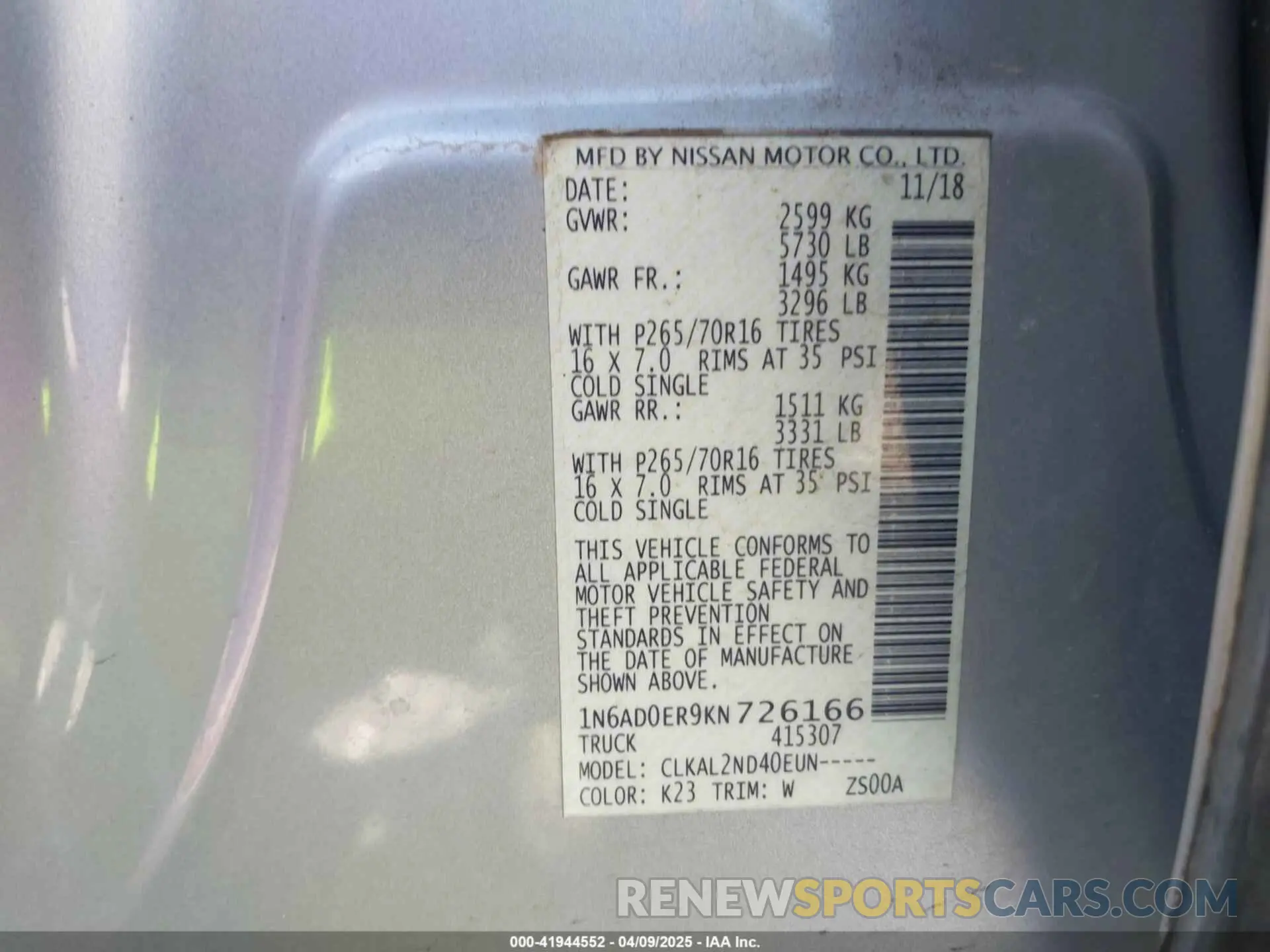9 fotografías del automóvil dañado 1N6AD0ER9KN726166 NISSAN FRONTIER 2019