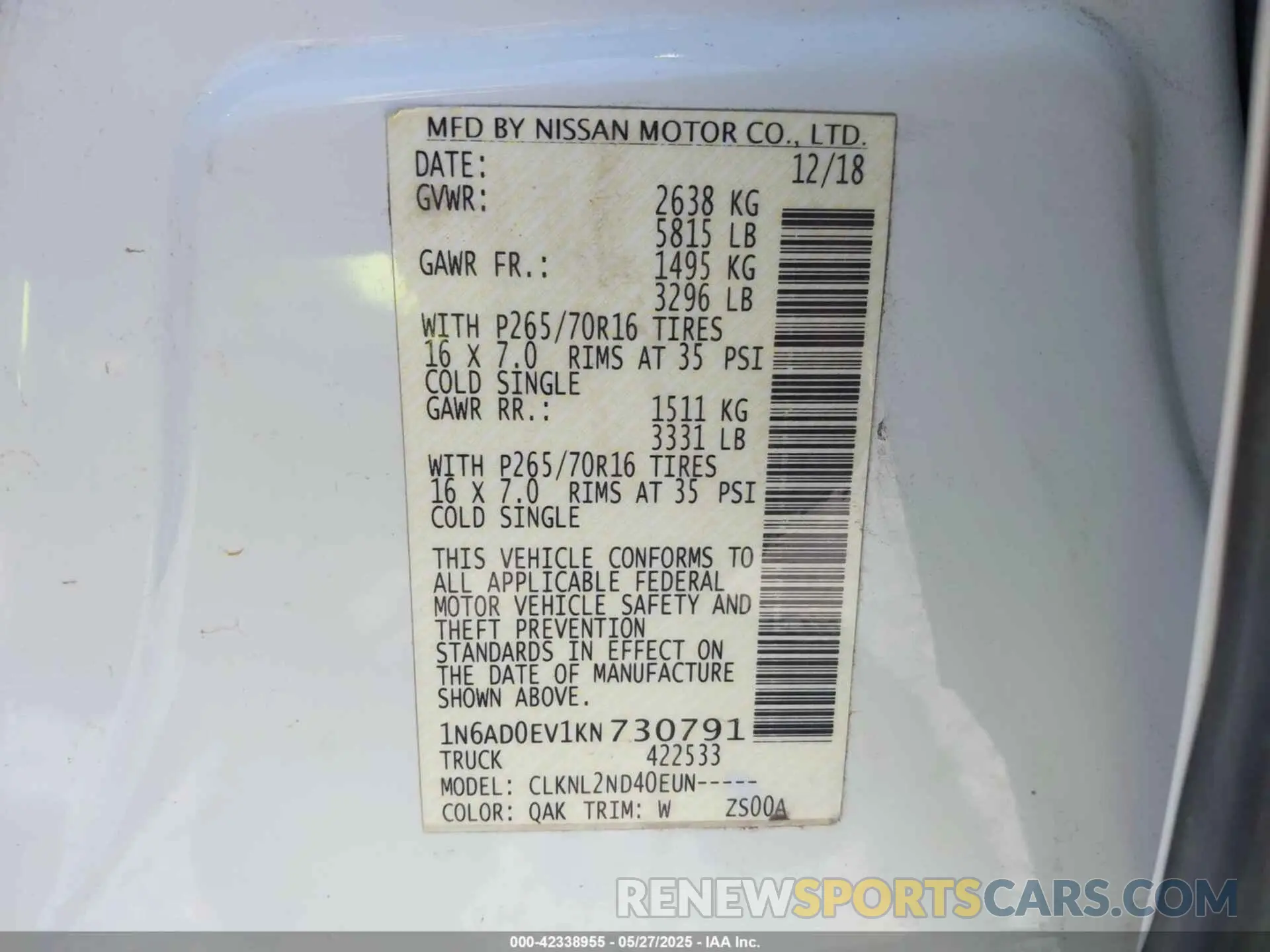 9 fotografías del automóvil dañado 1N6AD0EV1KN730791 NISSAN FRONTIER 2019