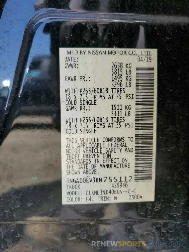 12 fotografías del automóvil dañado 1N6AD0EV3KN755112 NISSAN FRONTIER 2019