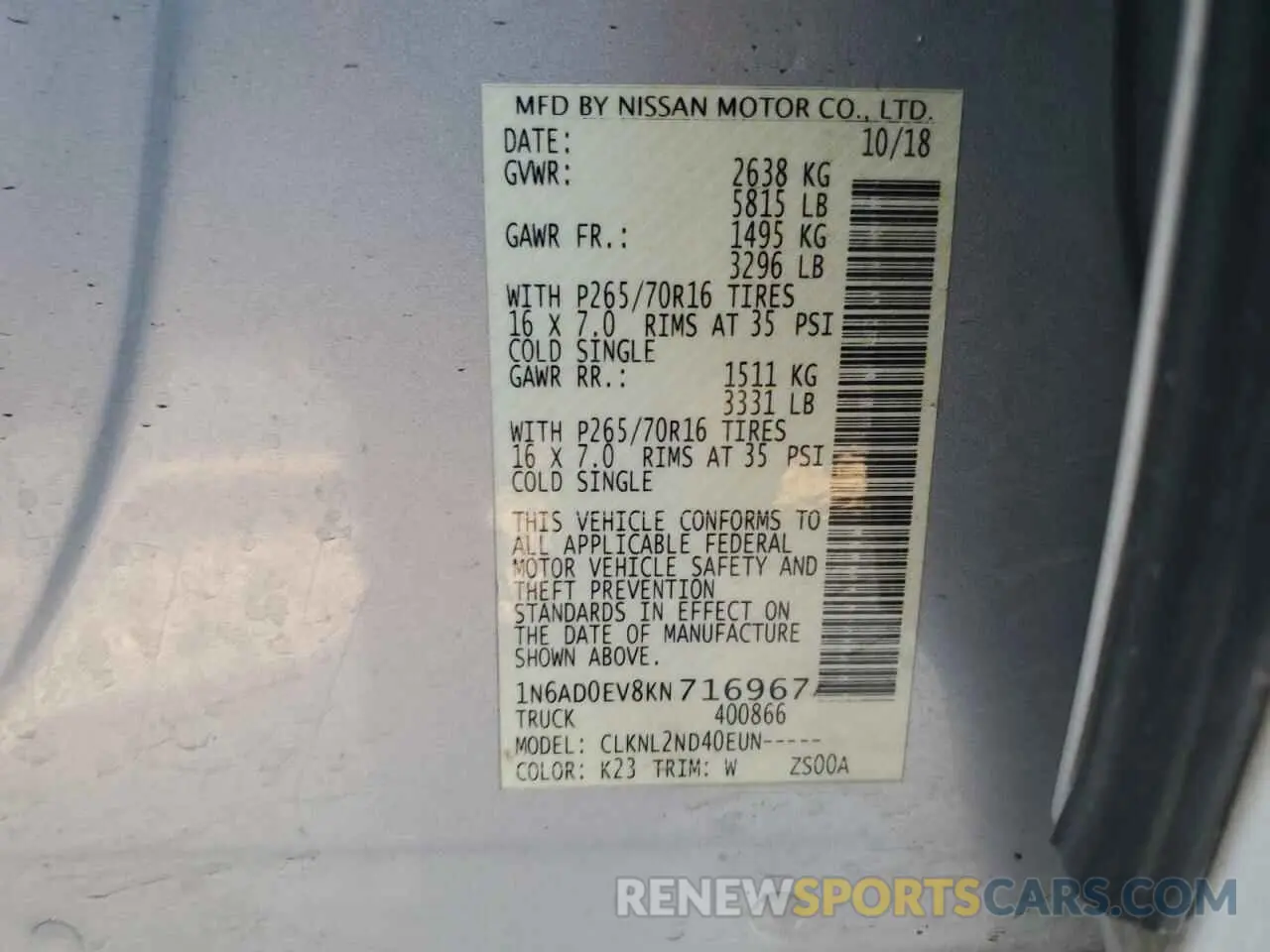 12 fotografías del automóvil dañado 1N6AD0EV8KN716967 NISSAN FRONTIER 2019