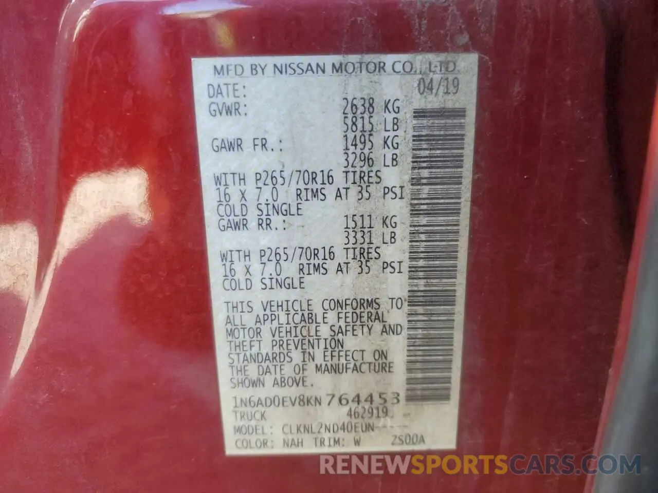 12 fotografías del automóvil dañado 1N6AD0EV8KN764453 NISSAN FRONTIER 2019