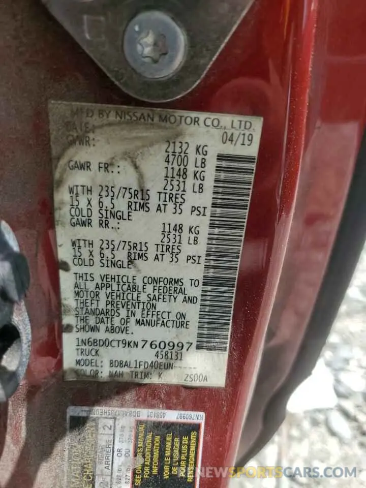12 fotografías del automóvil dañado 1N6BD0CT9KN760997 NISSAN FRONTIER 2019