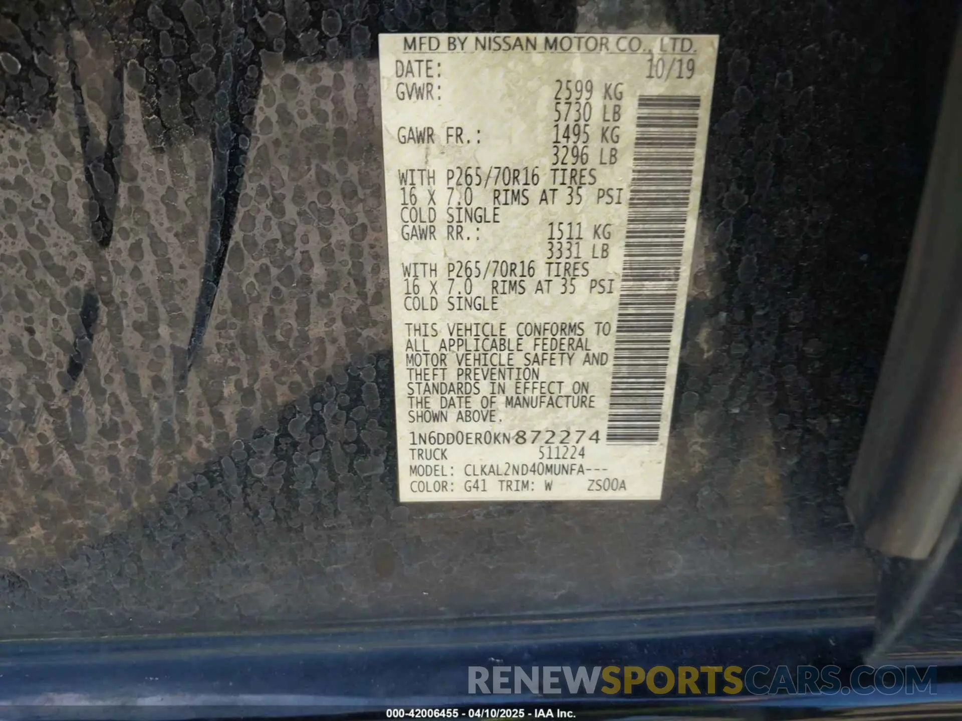 9 fotografías del automóvil dañado 1N6DD0ER0KN872274 NISSAN FRONTIER 2019