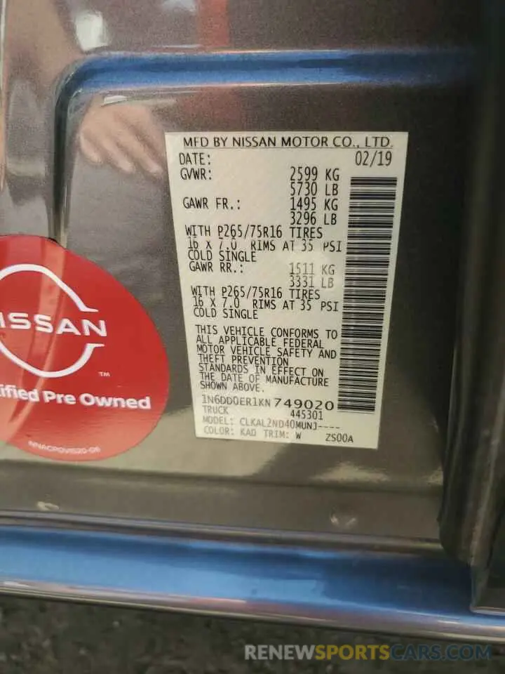 12 fotografías del automóvil dañado 1N6DD0ER1KN749020 NISSAN FRONTIER 2019