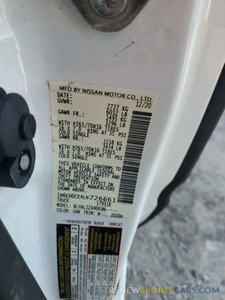 14 fotografías del automóvil dañado 1N6ED0CE4LN726661 NISSAN FRONTIER 2020
