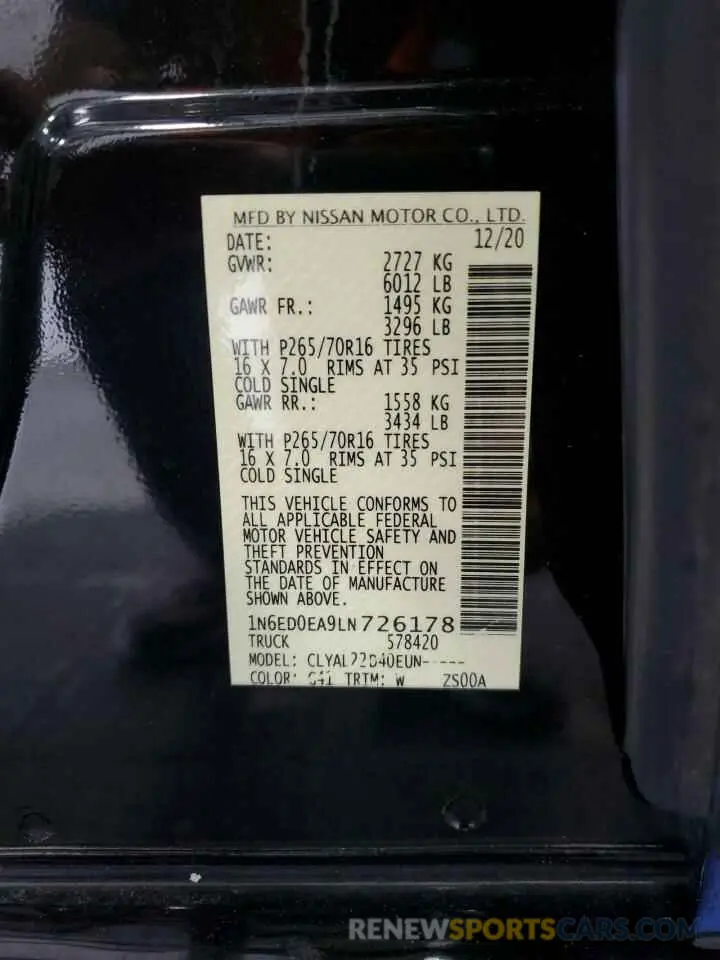 12 fotografías del automóvil dañado 1N6ED0EA9LN726178 NISSAN FRONTIER 2020
