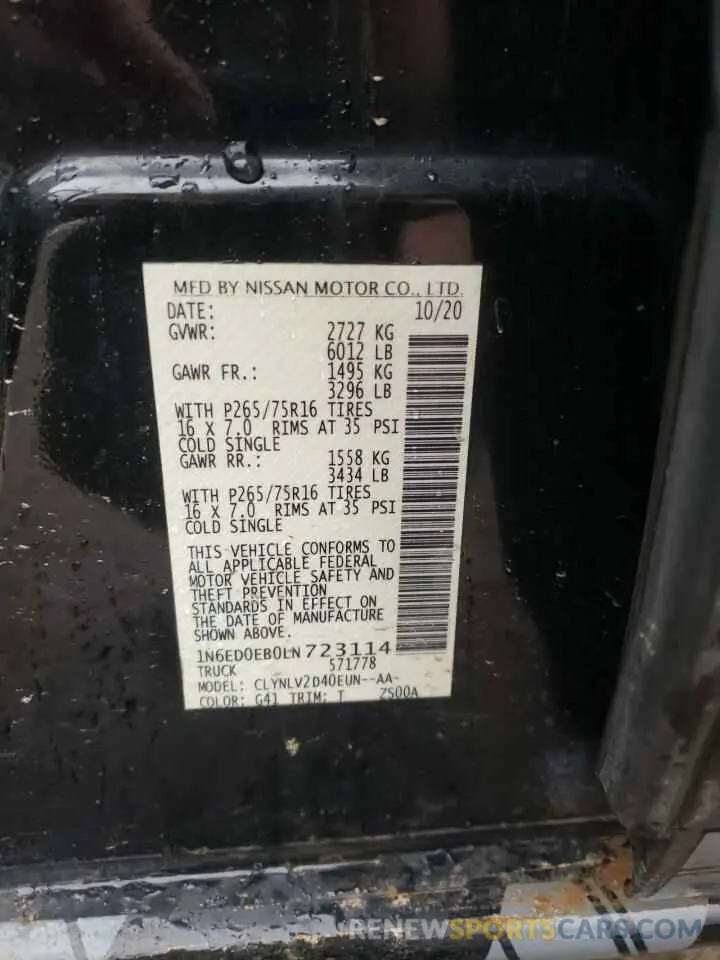 12 fotografías del automóvil dañado 1N6ED0EB0LN723114 NISSAN FRONTIER 2020