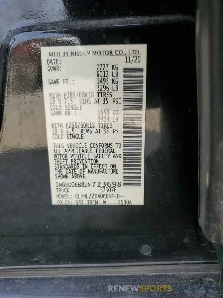 12 fotografías del automóvil dañado 1N6ED0EB8LN723698 NISSAN FRONTIER 2020